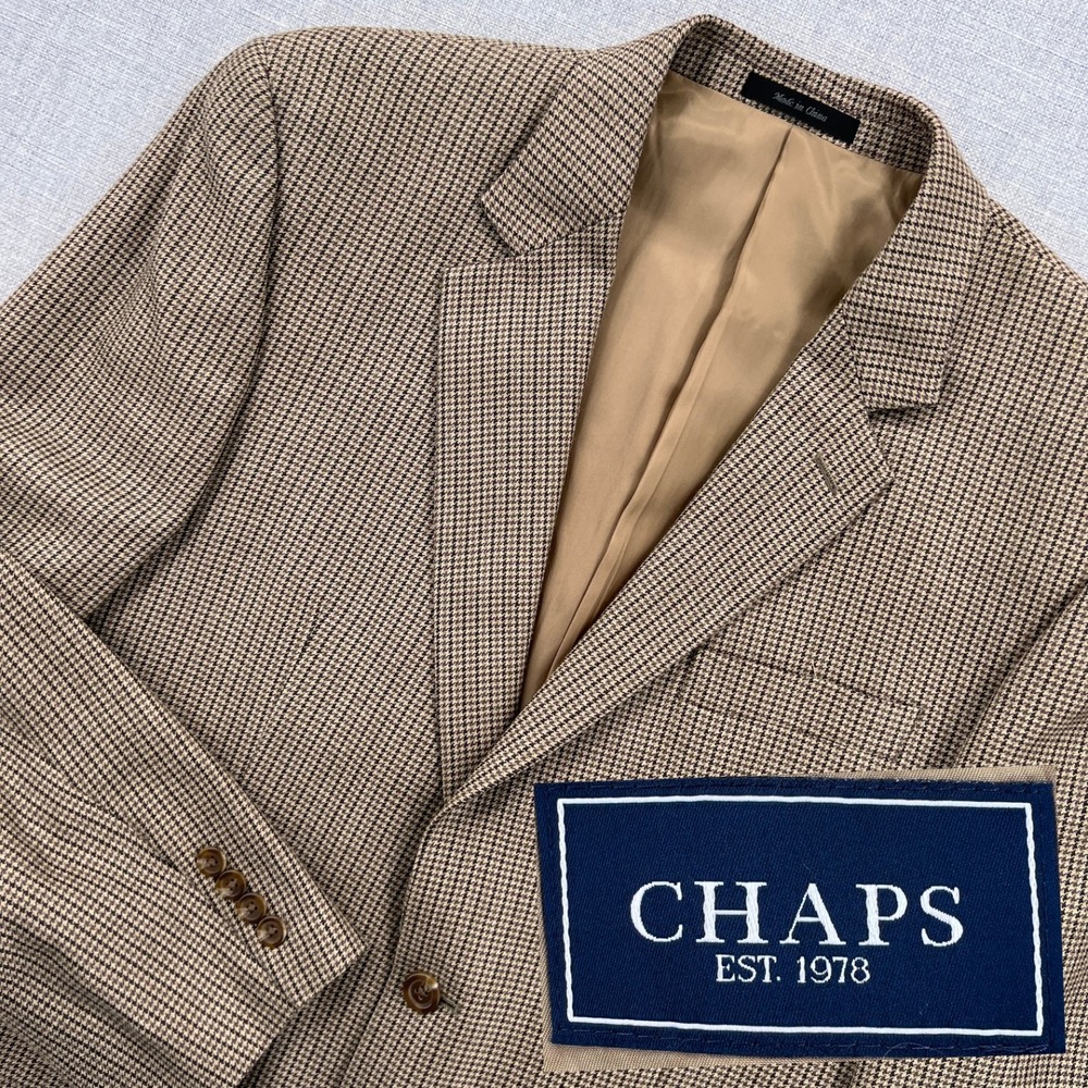 Chaps Houndstooth Silk Wool Sport Coat Blazer Men 42R Tan Brown Classic Ivy Prep